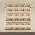 Metal Shelving Unit With Multiple Layers Holding Labeled Cardboard Boxes