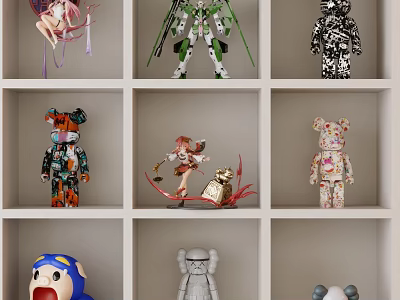 Various Artistic Sculptural Figures Displayed on Grid Shelves with Diverse Designs 3d model