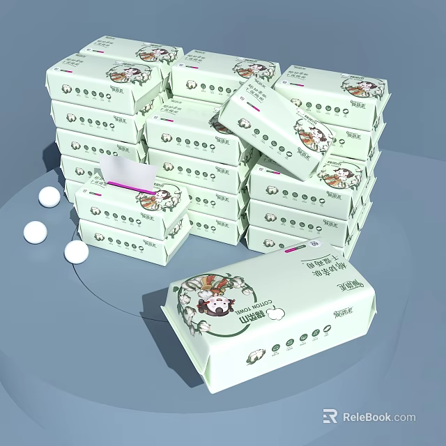 Stacked Baby Wipes Packages Featuring Cartoon Characters Open Pack Exposed Wipes And Water Droplets 3d model 