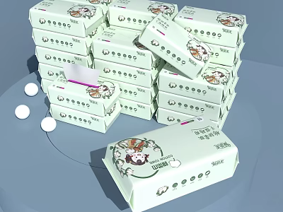 Stacked Baby Wipes Packages Featuring Cartoon Characters Open Pack Exposed Wipes And Water Droplets 3d model