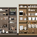 Open Kitchen Shelving Units In Different Colors With Plates Cups Jars And Appliances