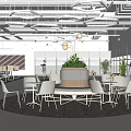 Modern Casual Area With Circular Layout White Chairs Central Green Plant And Hexagonal Pendant Lights