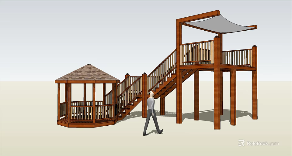 Wooden Playground Tower With Staircase Platform Gazebo And Canopy Structure 3d model