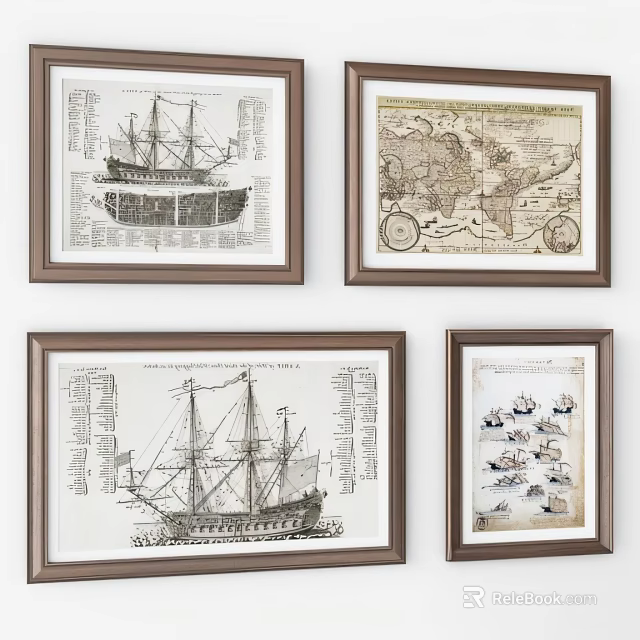 Vintage Framed Wall Art With Ships World Map And Naval Scenes 3d model 
