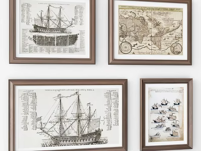 Vintage Framed Wall Art With Ships World Map And Naval Scenes 3d model