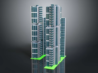 Multiple Modern Office Buildings With Glass Curtain Walls And Green Foundation Exterior 3d model