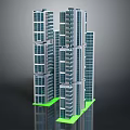 Multiple Modern Office Buildings With Glass Curtain Walls And Green Foundation Exterior