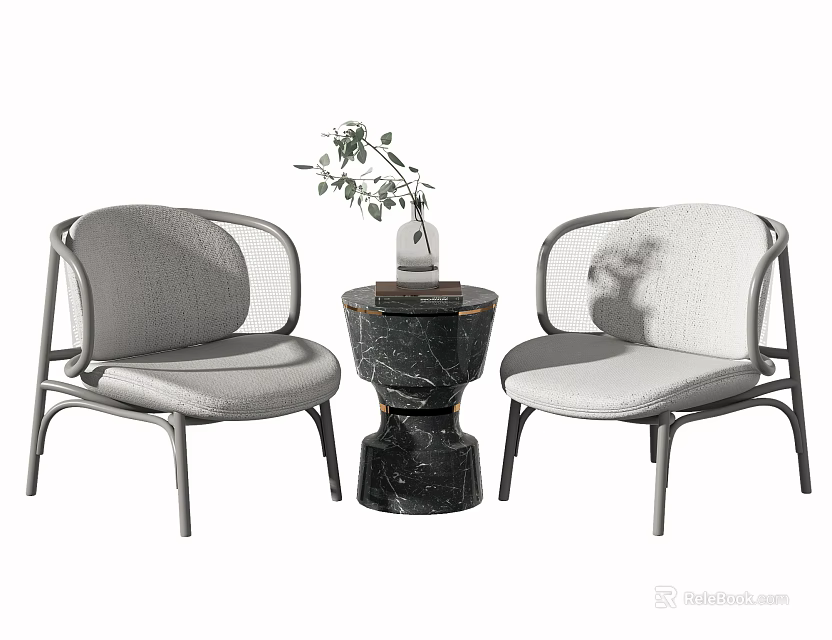 Modern Table Chair Set With Gray Padded Seats Metal Frames Black Marble Table Decorative Plant 3d model 