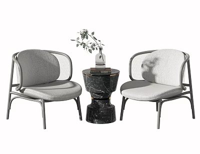 Modern Table Chair Set With Gray Padded Seats Metal Frames Black Marble Table Decorative Plant 3d model