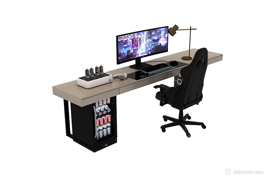 Gaming Desk Setup With Large Monitor Desk Lamp Keyboard Mouse Drink Rack And Black Chair 3d model 