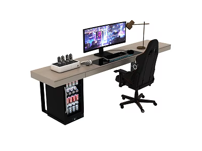 Gaming Desk Setup With Large Monitor Desk Lamp Keyboard Mouse Drink Rack And Black Chair 3d model