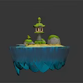 Adorable Cartoon Floating Island Scene with Green Lighthouse Lush Plants Stones Blue Water and Glowing Particles
