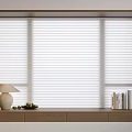 Modern Bay Window with White Venetian Blinds Wooden Sill Table Lamp Fruit Plate and Books