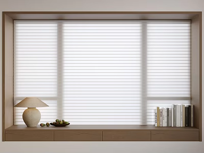 Modern Bay Window with White Venetian Blinds Wooden Sill Table Lamp Fruit Plate and Books 3d model