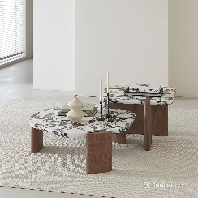 Modern Marble Top Coffee Tables With Wooden Legs Decorative Candles And Books 3d model 