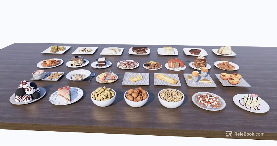Assorted Delicious Food Plates With Desserts Nuts Cakes And Snacks On Wooden Table 3d model 