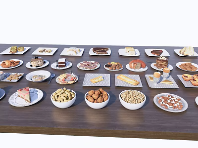Assorted Delicious Food Plates With Desserts Nuts Cakes And Snacks On Wooden Table 3d model