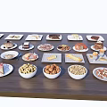 Assorted Delicious Food Plates With Desserts Nuts Cakes And Snacks On Wooden Table