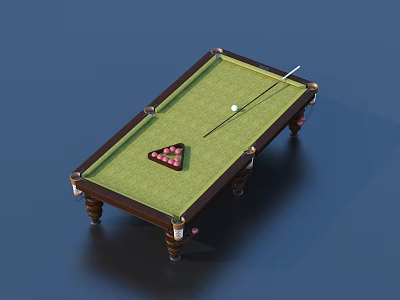 Billiard Table As Recreation Equipment With Green Felt Wooden Frame Billiard Balls And Cue Stick 3d model