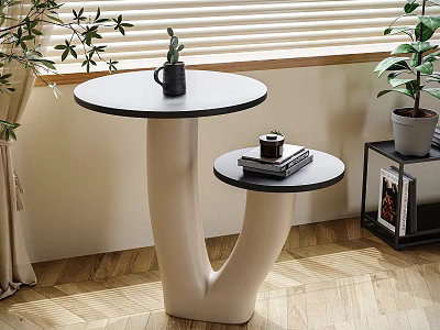Modern Curved Side Table With White Base And Black Round Tops For Living Room Decor 3d model