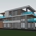 Modern Two Story Detached Villa With Large Windows Balcony Green Lawn Driveway