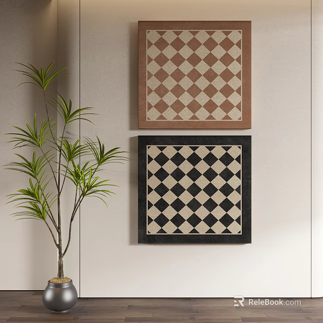 Abstract Paintings With Checkerboard Pattern In Brown Black Frames On Light Wall With Green Plant 3d model 