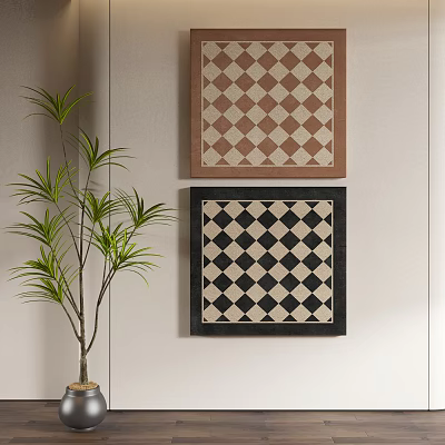 Abstract Paintings With Checkerboard Pattern In Brown Black Frames On Light Wall With Green Plant 3d model