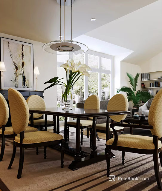 Elegant Dining Table Set With Yellow Chairs And Vase Flowers By Windows 3d model 