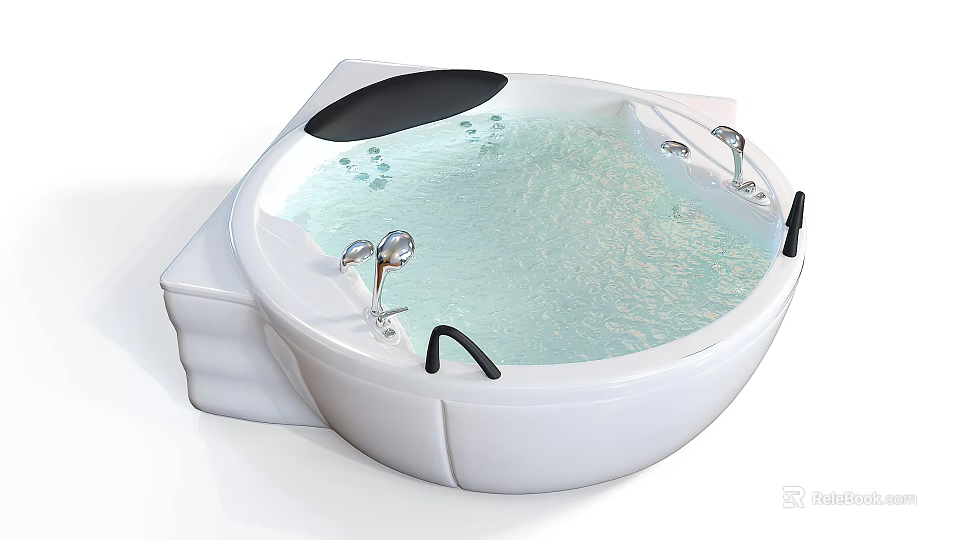 Modern Round White Bathtub Interior With Water Jets And Black Cover 3d model 