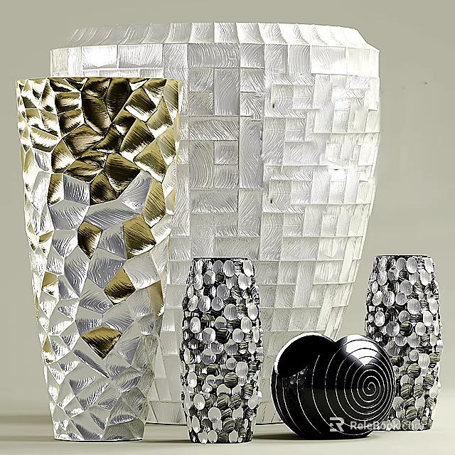 Elegant Modern Vases with Geometric Mosaic and Metallic Accents for Flowers 3d model 