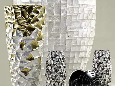 Elegant Modern Vases with Geometric Mosaic and Metallic Accents for Flowers 3d model