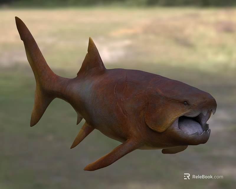 Realistic 3D Model Prehistoric Aquatic Fish With Open Mouth Sharp Teeth Brownish Red Swimming Pose 3d model 