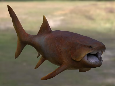 Realistic 3D Model Prehistoric Aquatic Fish With Open Mouth Sharp Teeth Brownish Red Swimming Pose 3d model