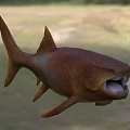 Realistic 3D Model Prehistoric Aquatic Fish With Open Mouth Sharp Teeth Brownish Red Swimming Pose
