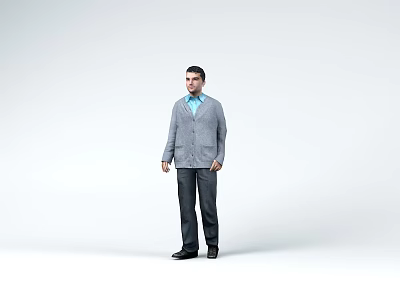 Man Against White Background Wearing Gray Cardigan Light Blue Shirt Dark Pants And Black Shoes 3d model