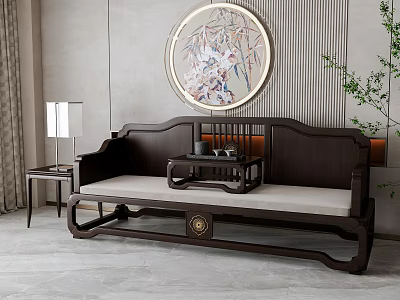 Traditional Chinese Wooden Daybed With Carved Details And Round Artwork In Living Room 3d model