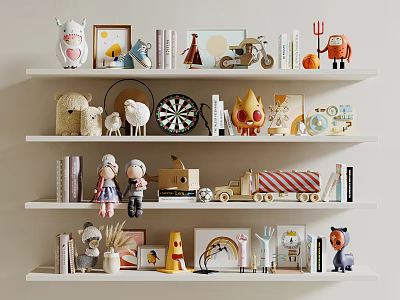 Assorted Decorative Ornament Sets On White Shelves With Dolls Trucks Frames And Books 3d model
