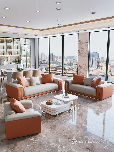 Modern Living and Dining Room Interior With Large Windows City View Orange Beige Sofas 3d model