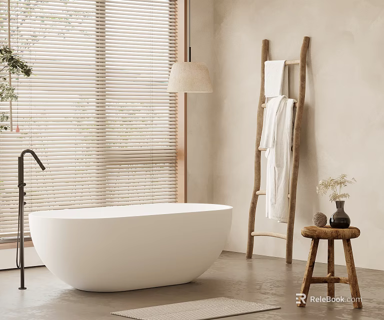Minimalist Bathroom Interior with Freestanding White Bathtub Wooden Towel Ladder and Window Blinds 3d model 