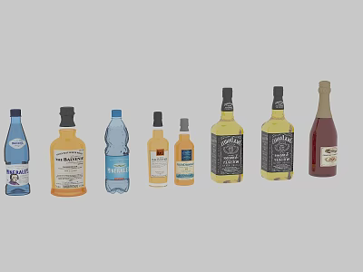 Various Assorted Alcohol Bottles And Wine Glasses Display For Home Bar Collection 3d model