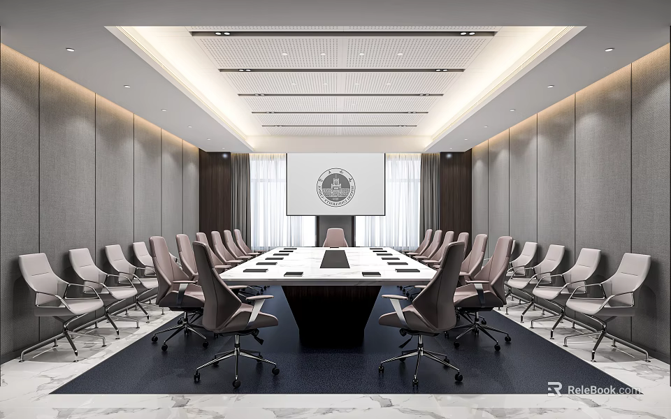 Modern Conference Room Interior With Long Table Gray Walls Chairs And Ceiling Lighting 3d model 