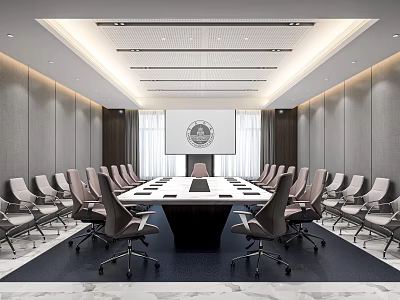Modern Conference Room Interior With Long Table Gray Walls Chairs And Ceiling Lighting 3d model