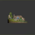 Cartoon Scene with Cute Cottages Green Trees Blue Car Garden Pond and Watermill