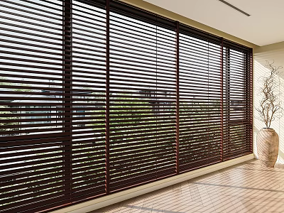 Wooden Window Blinds For Large Windows In Bright Spacious Interior With Natural Light 3d model