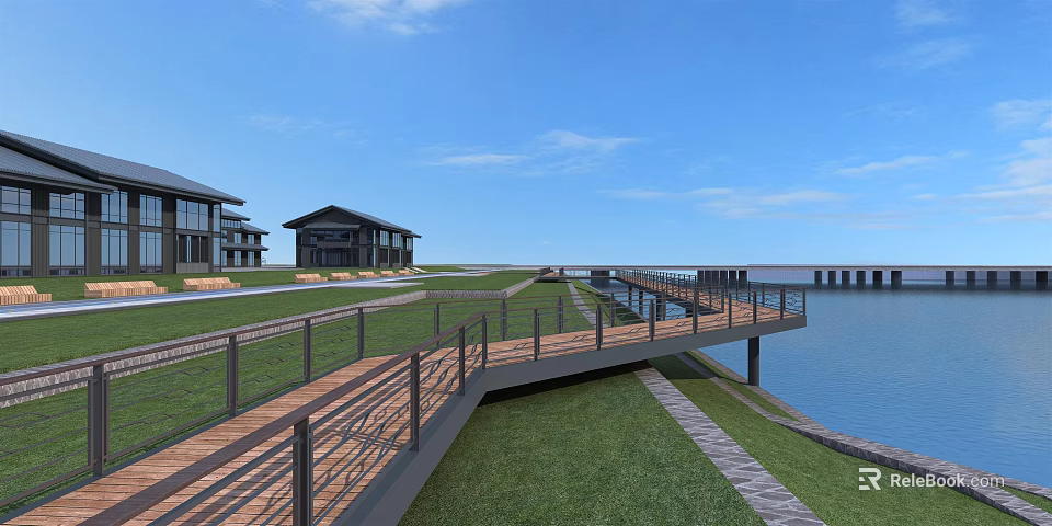 Wooden Waterfront Walkway With Metal Railings And Grass Area Viewing Facilities 3d model 
