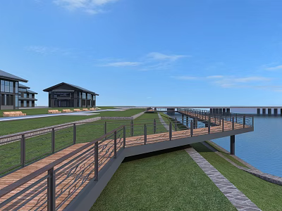 Wooden Waterfront Walkway With Metal Railings And Grass Area Viewing Facilities 3d model