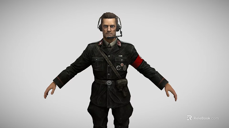 Man in Black Uniform Wearing Headphones With Badges Red Armband And Crossbody Bag Arms Outstretched 3d model 