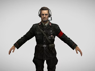 Man in Black Uniform Wearing Headphones With Badges Red Armband And Crossbody Bag Arms Outstretched 3d model