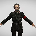 Man in Black Uniform Wearing Headphones With Badges Red Armband And Crossbody Bag Arms Outstretched