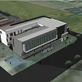 Modern Office Building Exterior With Lawn Road People Walking And Blue Sky White Clouds
